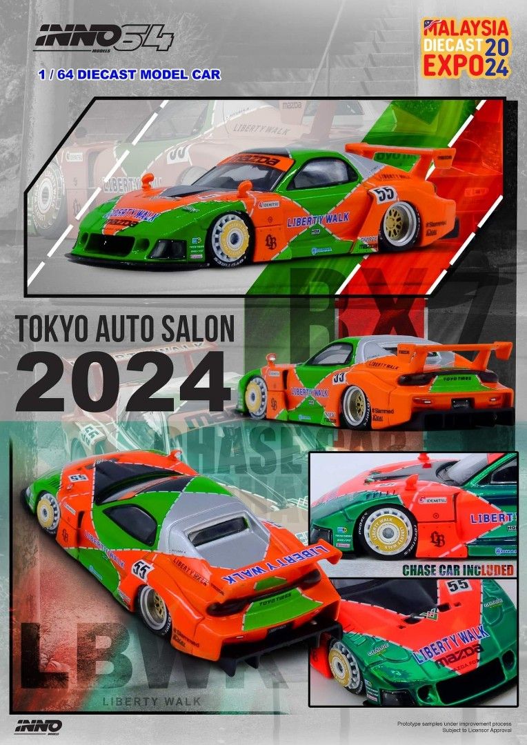 1/64 Inno64 Mazda RX7 (FD3S) LB-Super Silhouette LBWK (Malaysia Diecast Expo 2024) (Chance of Chase Car) (Orange/Green)