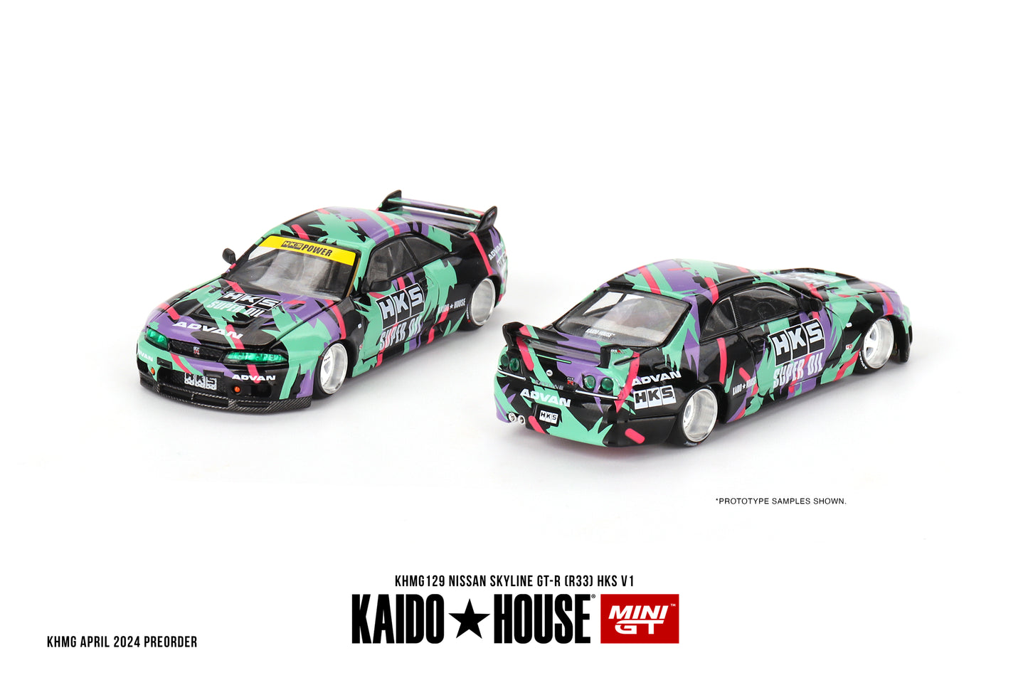 1/64 MiniGT x Kaido House Nissan Skyline GT-R (R33) HKS V1 (KHMG129) (Chance of Chase Car)