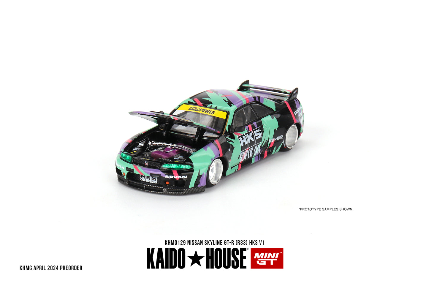 1/64 MiniGT x Kaido House Nissan Skyline GT-R (R33) HKS V1 (KHMG129) (Chance of Chase Car)