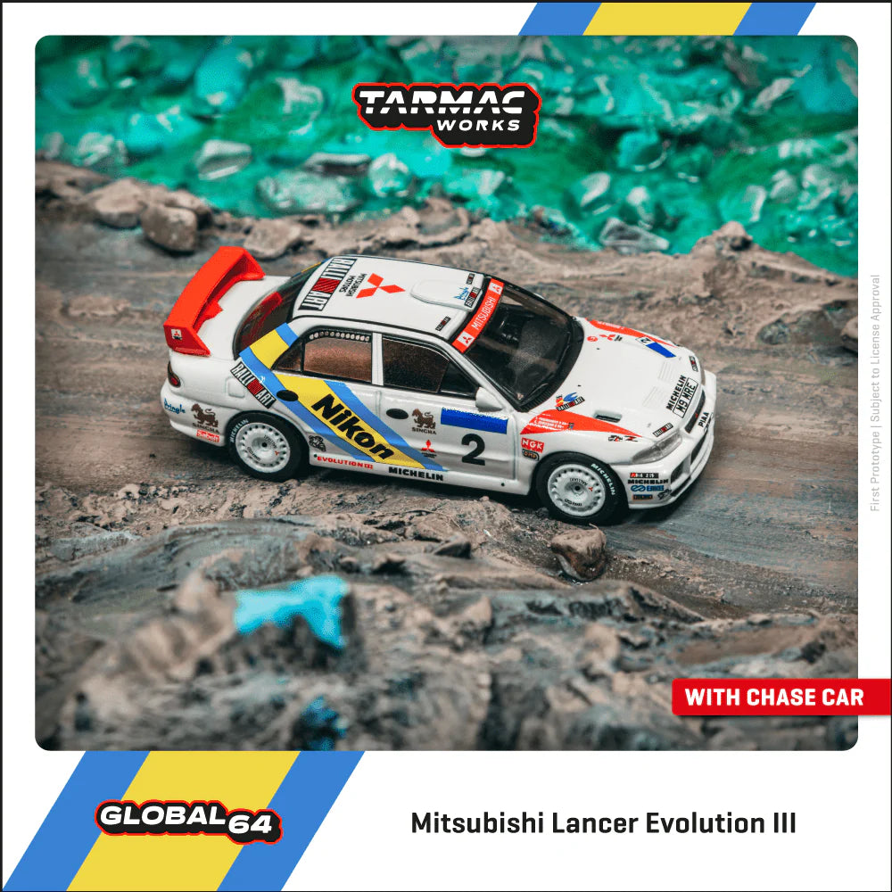 1/64 Tarmac Works Mitsubishi Lancer Evolution III Hong Kong-Beijing Rally 1995 Winner K. Eriksson/ S. Parmander (Chance of Chase Car)