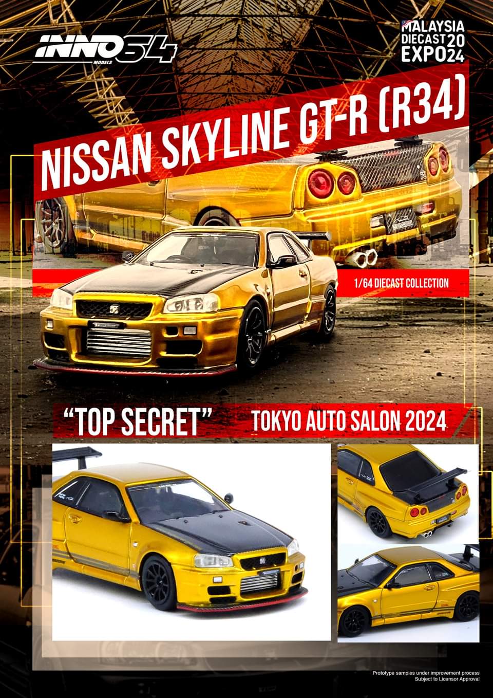 1/64 Inno64 Nissan Skyline GT-R (R34) "Top Secret" Tokyo Auto Salon 2024 (Malaysia Diecast Expo 2024 Special Edition) (Gold)