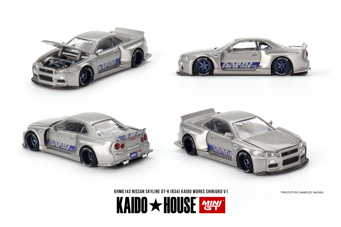 1/64 MiniGT x Kaido House Nissan Skyline GT-R (R34) Kaido Works SHINJUKU V1 (KHMG143) (Chance of Chase Car)