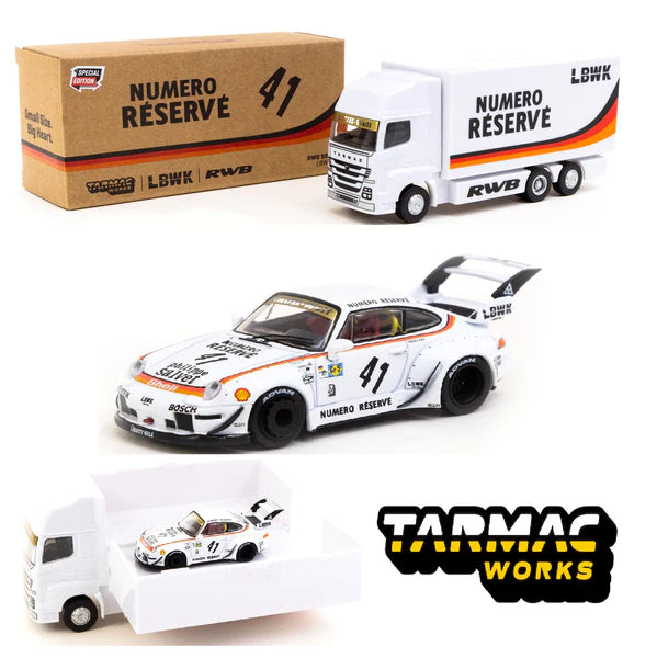 1/64 Tarmac Works x Porsche RWB 993 LWBK with Truck (White)
