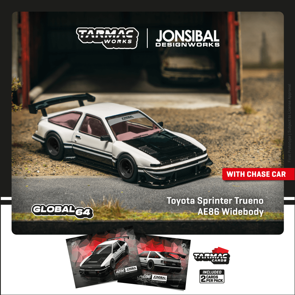 1/64 Tarmac Works x Jonsibal Designworks Toyota Sprinter Trueno AE86 Widebody (Black/White) (Chance of Chase Car)
