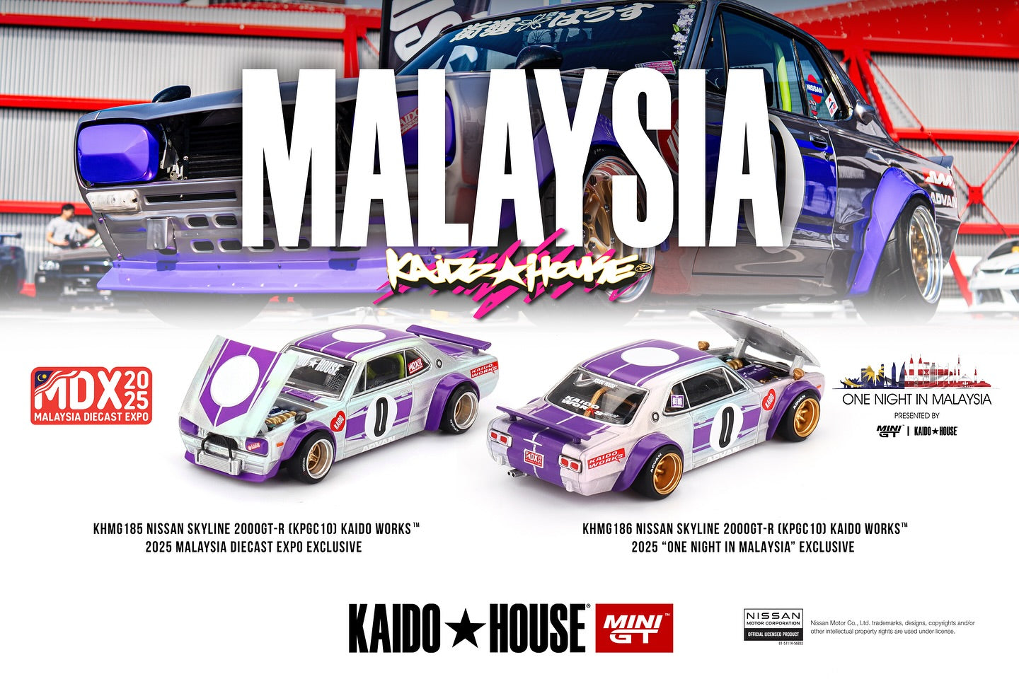 1/64 MiniGT x Kaido House Nissan Skyline 2000GT-R (KPGC10) Kaido Works (KHMG185) (2025 Malaysia Die Cast Expo Exclusive)