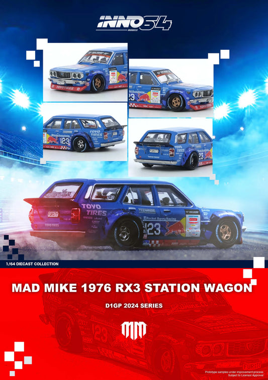 1/64 Inno64 Mad Mike 1976 Mazda RX3 Station Wagon D1GP Series 2024 (Blue)