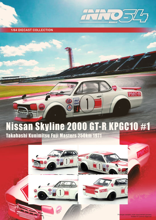 1/64 Inno64 NISSAN SKYLINE 2000 GT-R KPGC10 #1 Takahashi Kunimitsu Fuji Masters 250Km 1971 (White/Red)