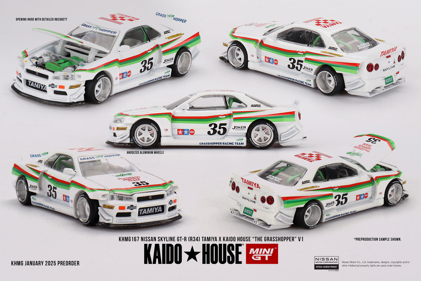 1/64 MiniGT x TAMIYA x KAIDO HOUSE Nissan Skyline GT-R (R34) "The GRASSHOPPER" V1 (KHMG167) (Chance of Chase Car)