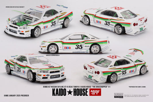 1/64 MiniGT x TAMIYA x KAIDO HOUSE Nissan Skyline GT-R (R34) "The GRASSHOPPER" V1 (KHMG167) (Chance of Chase Car)