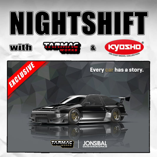 1/64 Tarmac Works x Jonsibal Designworks Toyota Sprinter Trueno AE86 Widebody (Black/Grey) (Chance of Chase Car) (Nightshift 2025 Event Exclusive)